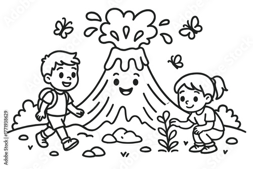 Gentle Volcano Eruption. Funny volcano erupting gently with smiling lava, butterflies, and children exploring safely, black and