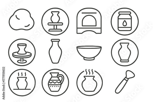 Pottery Icon Collection. Line style icons of pottery in round shape: clay lump, potter's wheel, kiln, glaze jar; spinning wheel,