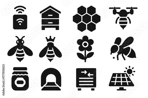 Vector worker system honey icons smart solar bee tunnel apiary ventilation icon
