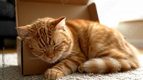 A ginger cat sleeps contentedly in a cardboard box, resting on a fluffy rug