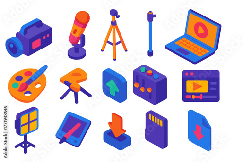 Creative Video Icons. Isometric vector illustration set Creative Video Icons: video camera, microphone, tripod, laptop, palette,