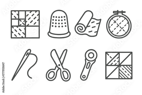 Quilting Tools Icons. Line style icons of Quilting: Patchwork, Thimble, Batting, Quilting Hoop, Sewing Needle, Fabric Scissors,