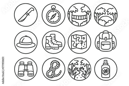 Jungle Exploration Icons. Line style icons of jungle exploration in round shape: machete, compass, vine bridge, canopy view;