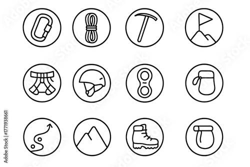 Mountain Climbing Icons. Line style icons of mountain climbing in round shape: carabiner, rope, ice axe, summit flag; climbing