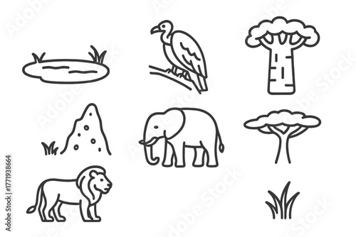 Savanna Line Icons. Line style icons of Savanna: Watering Hole, Vulture, Baobab Tree, Termite Mound, Lion, Elephant, Acacia Tree,