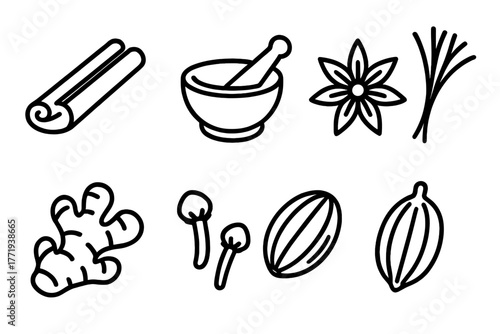Spice Icon Collection. Line style icons of Spices: Cinnamon Stick, Mortar and Pestle, Star Anise, Saffron Thread, Ginger Root,