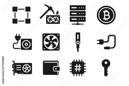 Device rack blockchain icons coin hash server mining wallet vector technology gpu