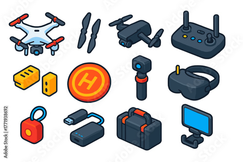 Drone Photography Essentials. Isometric vector illustration set Drone Photography Gear: quadcopter drone, foldable drone, drone