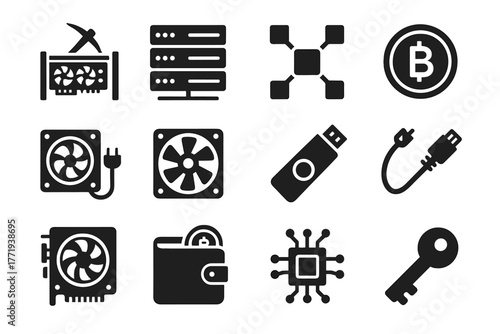 Network blockchain card node crypto icon fan mining device icons cable server