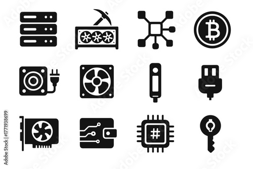 Rig card vector icon coin cooling mining network digital security processor