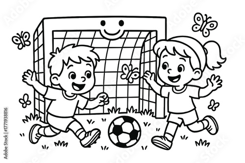 Soccer Fun Coloring. Playful kids kicking a soccer ball with smiling goalposts, grass, and cheering butterflies, black and white