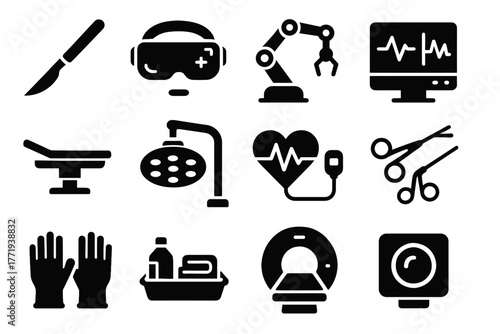 Icon camera surgical futuristic arm instruments heart anesthesia monitor gloves laparoscopic vector