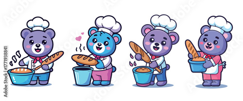 Adorable cartoon bears dressed as chefs joyfully bake fresh bread with smiles and hearts, perfect for culinary themes