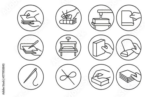 Bookbinding Icons Circle. Line style icons of bookbinding processes in round shape: folding signatures, sewing folios, gluing