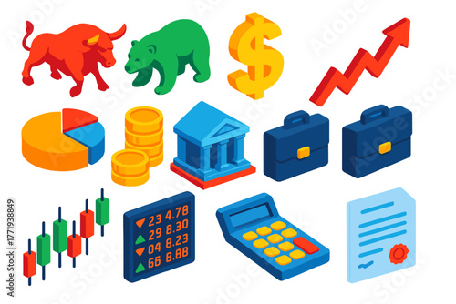 Economic Growth Icons. Isometric vector illustration set Economic Growth Icons: bull, bear, dollar sign, rising arrow, pie chart,