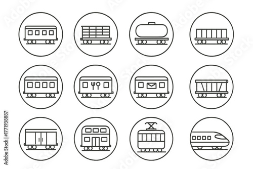 Line Art Rail Vehicles. Line style icons of rail vehicles in round shape: passenger coach, freight wagon, tank car, flatbed car;