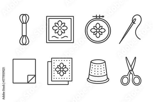 Embroidery Tools Icons. Line style icons of Embroidery: Floss, Sampler, Hoop, Needle, Fabric, Pattern, Thimble, Embroidery