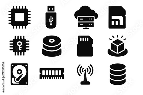 Storage hard transmitter encryption drive data backup icon module grid memory vector