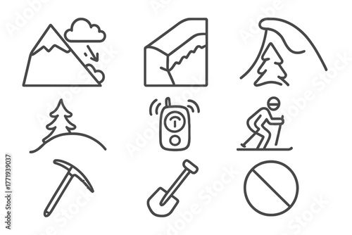 Avalanche Rescue Icons. Line style icons of Hidden Avalanche: Secret Slope, Snowpack, Cornice, Buried Tree, Rescue Beacon, Skier,