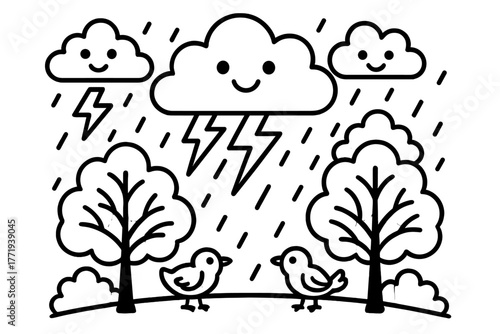Smiling Thunderstorm Fun. Cheerful thunderstorm with smiling clouds, lightning bolts, and birds hiding under trees, black and