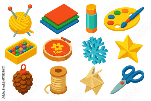 Seasonal Craft Icons. Isometric vector illustration set Seasonal Craft Icons: yarn ball, knitting needles, felt fabric, glue stick