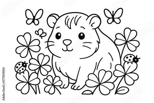 Guinea Pig and Friends. Gentle guinea pig sitting among clover leaves with butterflies and ladybugs nearby, black and white line