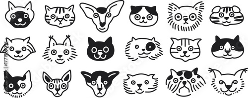 Collection of cute dunny doodle cats faces set. Black color. Isolated icons. Vector outline illustrations isolated on white background. Line art, sketch style, different cat heads collection.