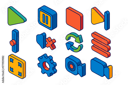 Bold Playback Icons. Isometric vector illustration set Playback Control Icons: play button, pause button, stop button, skip