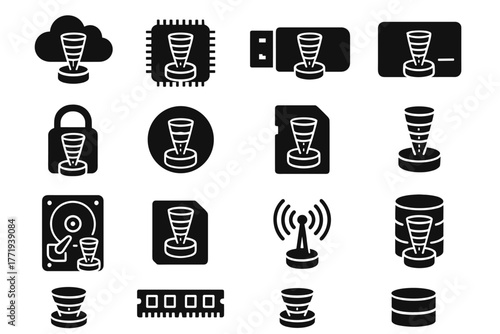 Data server memory vector icons disk chip cloud microsd holographic transmitter icon