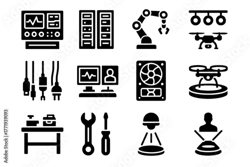 Led digital workbench racks units vector icon control tech icons arms server