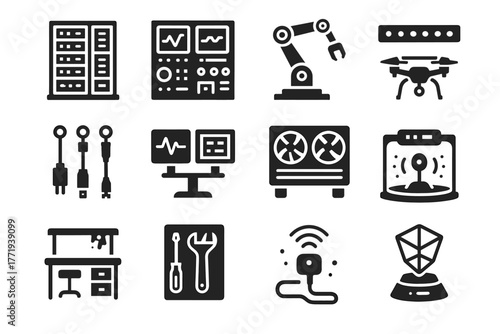 Display drone cooling vector cables icon robotic grid panels docking tech monitors