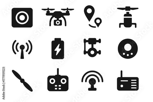 Radar communication icons remote icon quantum rotor drone blades camera battery quadcopter