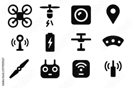 Vector stabilizer rotor battery blades ai quadcopter sensor antenna icon radar drone