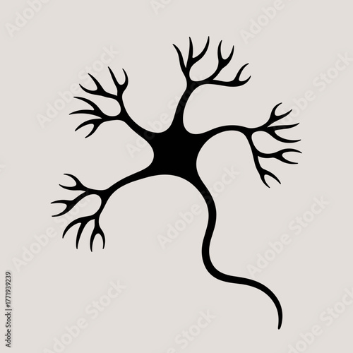 Black neuron illustration with branching axon on neutral background  