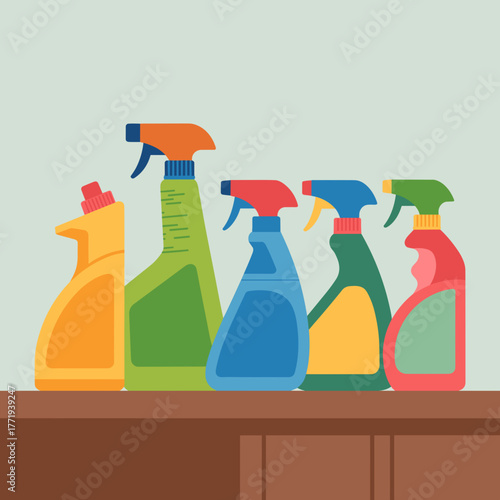 Colorful cleaning sprays arranged on a wooden surface  