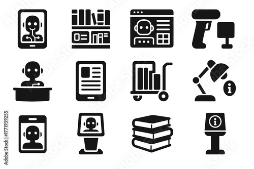 Library icons vector bookshelves stack lamp barcode terminal futuristic catalog information book