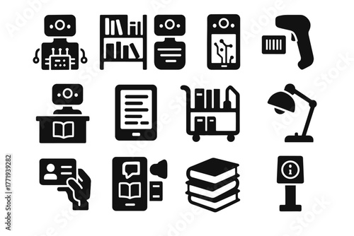 Cyber tablet scanner barcode bookshelves ai kiosk trolley library librarian icon vector