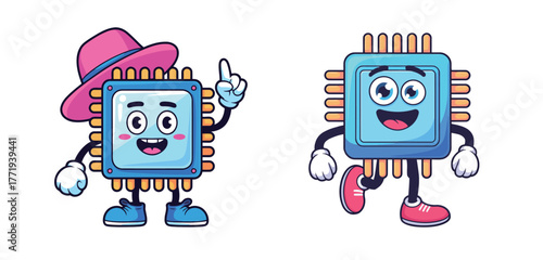 Fun cartoon CPU characters with expressive faces and playful poses ready for technology, education, and design projects