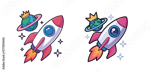 Cartoon rocket ship soaring through space with Earth, stars, and crown, ready for adventure and exploration in a vibrant, dynamic design