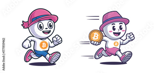 Bitcoin mascot characters enthusiastically running with crypto coins, embodying digital currency success and financial growth, perfect for investment themes