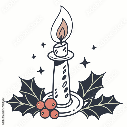 Christmas candle with holly leaves and berries