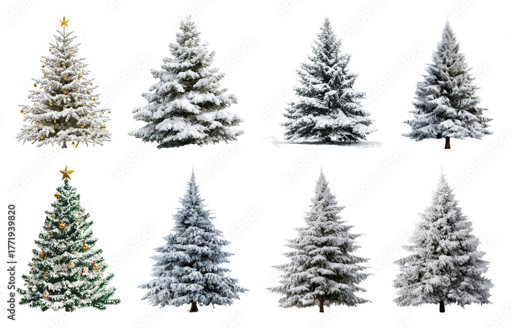 Obraz premium PNG Snowy evergreen trees collection, element set on transparent background