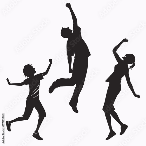 Silhouette of three happy people jumping