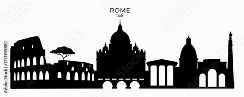 Stylish vector silhouette of Rome with Colosseum, cypress trees, bridge with statues, and St. Peter’s Basilica. Minimalist cityscape design, for travel, souvenirs, posters, tourist guides, branding.