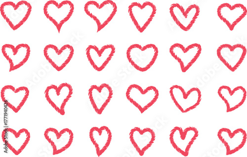 Hand-drawn fuzzy heart doodles collection in red on white background