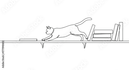 Cat reaching for a book on a shelf in a line vector style, transparent background  