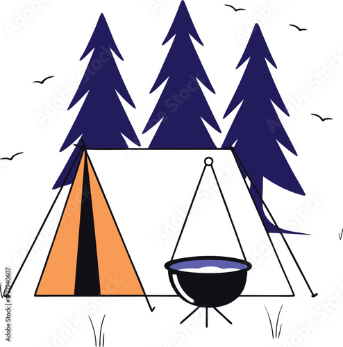 Whimsical illustration of a cozy camping scene with a bright orange tent and a black cauldron over a campfire surrounded by tall dark blue pine trees and flying birds