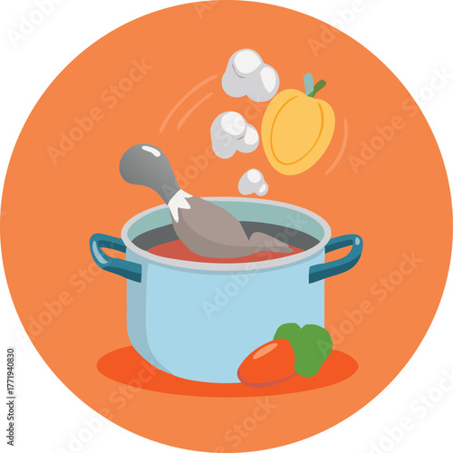 A vibrant cartoon illustration of a light blue cooking pot filled with dark liquid a chicken leg submerged and steam rising with a slice of onion and a bell pepper nearby all set against a bright oran