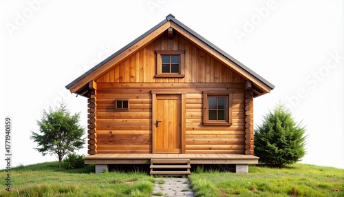 Small rustic log cabin with gabled roof, chimney, porch, and minimal landscaping
