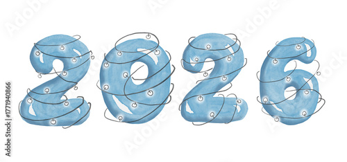 2026 New year with Christmas lights. Watercolor illustration 